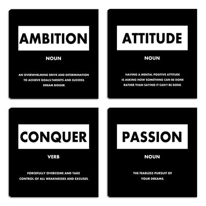 Motivational Canvas Wall Decor - Home Office Wall Decor Picture Wall Painting - Black Inspirational Wall Art Poster Prints - Framed Wall Art for Bedroom Living Room - 12"X 12"x4PCS
