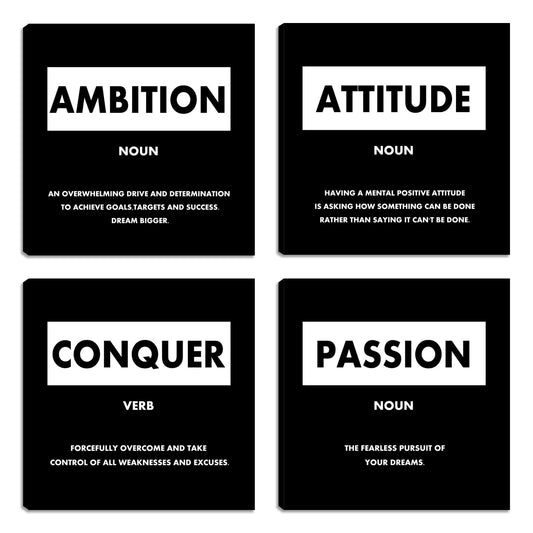 Motivational Canvas Wall Decor - Home Office Wall Decor Picture Wall Painting - Black Inspirational Wall Art Poster Prints - Framed Wall Art for Bedroom Living Room - 12"X 12"x4PCS