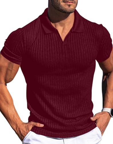 Vuiosrx Mens V Neck Muscle Polo Shirts Slim Fit Short Sleeve Zipper Ribbed Polo T Shirt Stretch Golf Tees