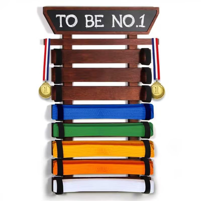 TIPSYTREE Karate Belt Display Rack with Handwritable Blackboard 8 Taekwondo Belt Display Rack with DIY Board，Personalization Taekwondo Belt Display for Kids Karate Belt Holder BJJ Belt Display