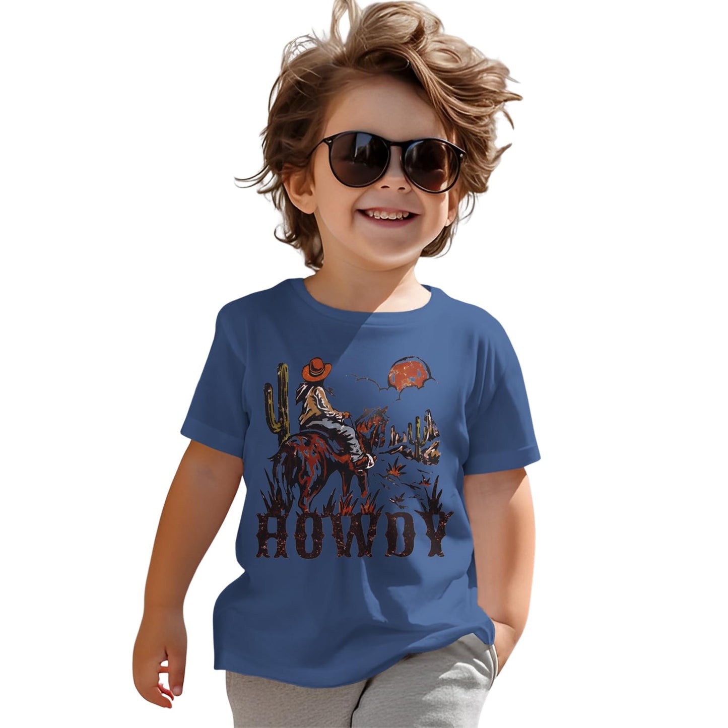 AG AGUU Howdy Shirts Toddler Baby Boys Rodeo Cowboy T-Shirt Western Retro Graphic Summer Tees Short Sleeve Tops(Blue18-24Months)
