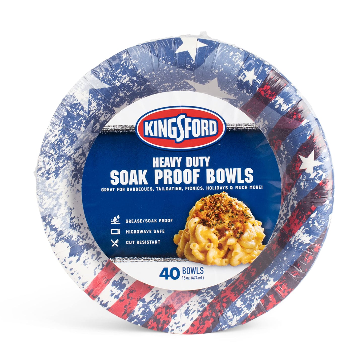 Kingsford Heavy Duty Soak Proof Paper Bowls 16 oz - 40 Count Paper Bowls for Barbecues Picnics & Holidays Microwave Safe Disposable Bowls | American Flag Bowls Patriotic Bowls