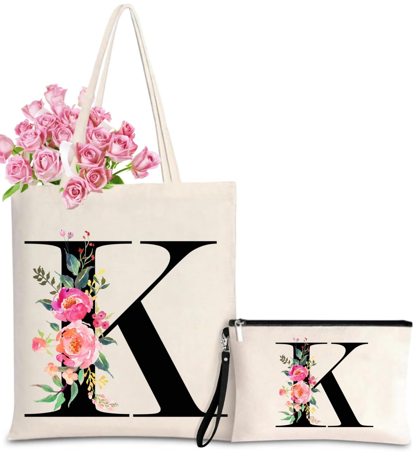 Initial Canvas Tote Bag for Women Personalized Monogrammed Tote Bags with Makeup Gift Bag for Wedding Bridesmaids Birthday