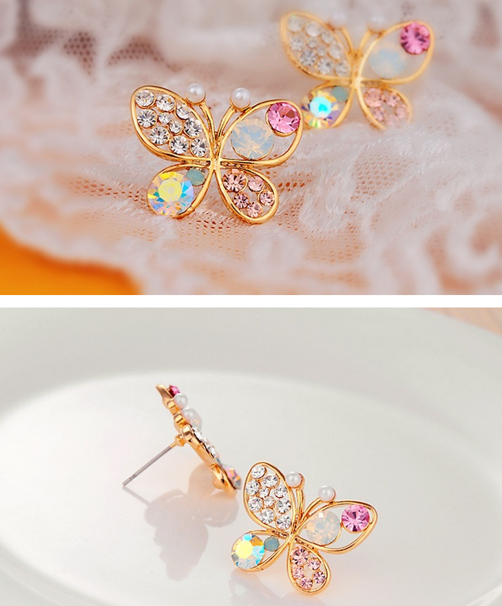 Butterfly Stud Earrings with Colorful Diamonds