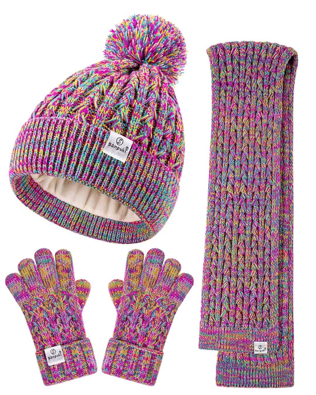 Kids Winter Hat Gloves Scarf SetGirls Toddler Winter Hat Beanies with Pom Neck Warmer Gaiter Mittens Fleece Lined Set Christmas Gift for Kids（Rainbow Mix）