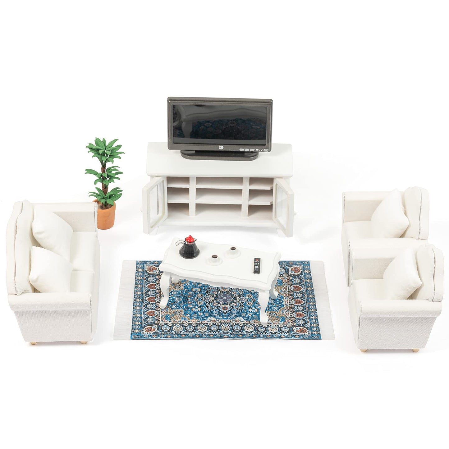 SAMCAMI Miniature Dollhouse Furniture 1 12 Scale - Wooden Dollhouse Furniture Set for Dollhouse Living Room - Doll House Furniture Incl Sofa TV Cabinet Coffee Table and Other Accessories (White)