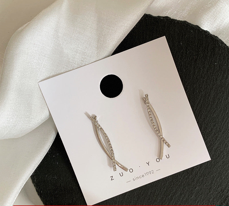 Minimalist Korean Curved Cross Earrings with Diamonds
