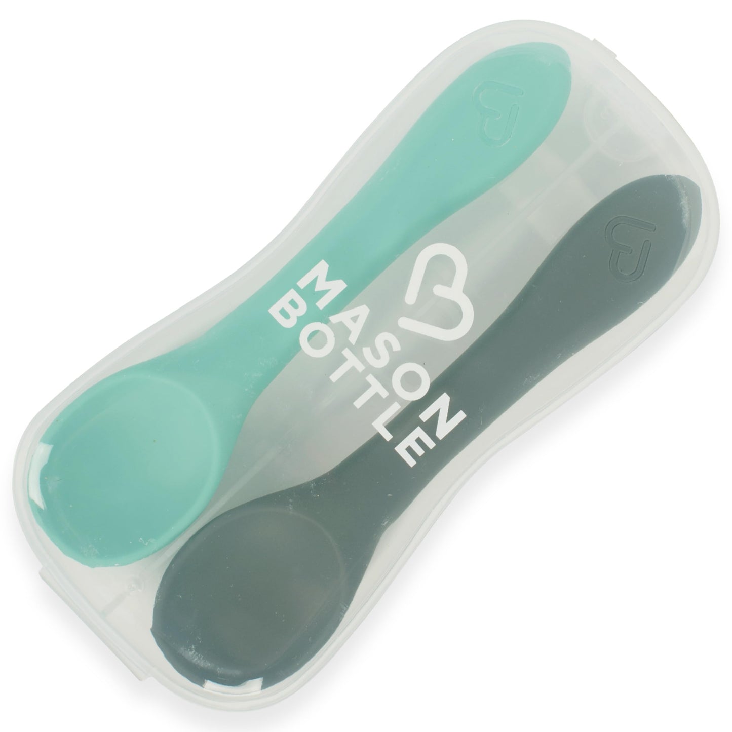 Mason Bottle Silicone Baby Spoons (2-Pack) - Feeding Spoons for Babies 6-12 Months & Up - BPA-Free Non Toxic Baby Spoons - Baby Puree Spoons Infant Utensils w/Case (Teal & Grey)