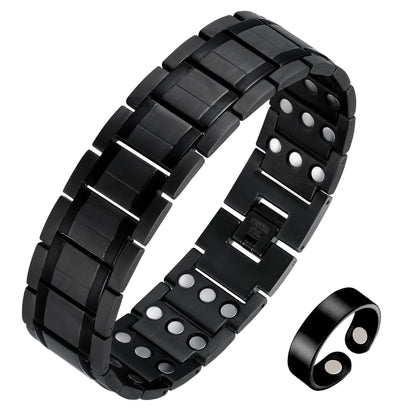 Jecanori 3X Mens Bracelet Magnetic RingUltra Stainless Steel Magnetic Bracelet & Copper Ring Gift Set with Sizing Tools