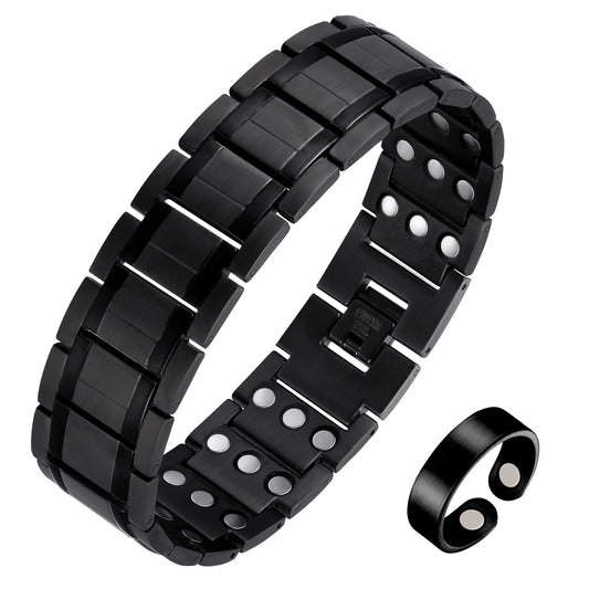 Jecanori 3X Mens Bracelet Magnetic RingUltra Stainless Steel Magnetic Bracelet & Copper Ring Gift Set with Sizing Tools
