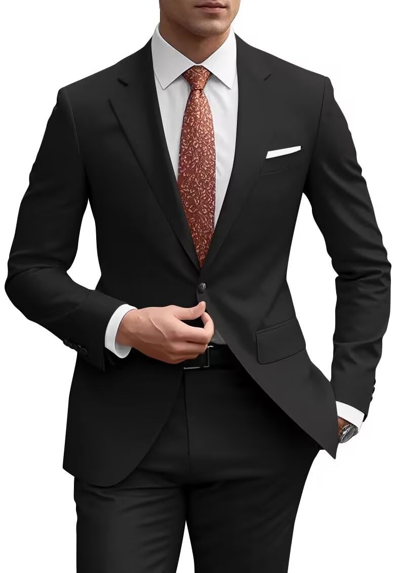 HUUTOE Black Mens Suit Mens Wedding Suits for Groom 2 Piece Men Party Dress Suits for Men One Button Jacket Blazer & Pants Tuxedo Set XS