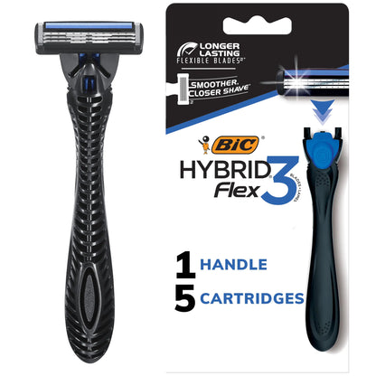 BIC Flex 3 Hybrid Disposable Razors for Men Long-lasting 3-Blade Razors With Slim Head for Precision Shaving 1 Handle and 5 Cartridges 6 Piece Shaving Kit