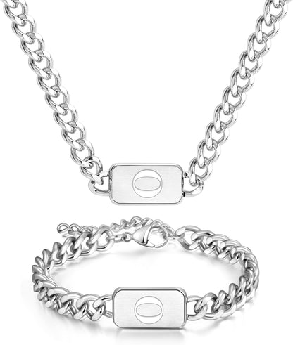 mens silver initial necklace bracelet Jewelery set for boy 2pcs Cuban chain Personalized name letters A-Z adjustable stainless steel link for men gift for him/her gift for boyfriend boys son