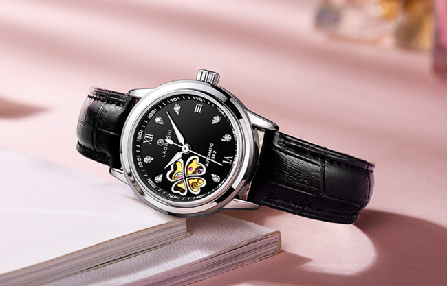 Waterproof Women's Automatic Leather Watch with Diamonds
