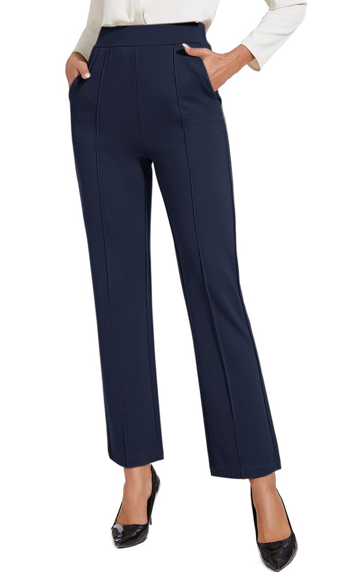 ZXIHZF Womens Classic Stretchy Pull On High Rise Pants Straight Leg Slacks (US Alpha X-Large Regular Regular Navy Blue)