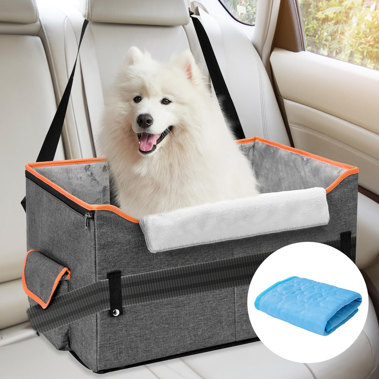 Elevated Dog Car Seat for Medium Dogs Small Center Console Dog Car Seat with Storage PocketsPuppy Dog Booster Seat for Car with Clip On Leash Detachable Travel Pet Car Seats with Memory FoamOrange