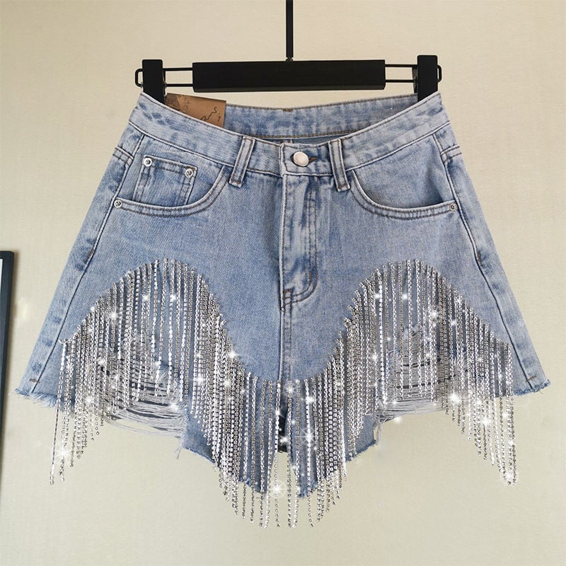 Fringed Chain High Waist Slim Women's Shorts