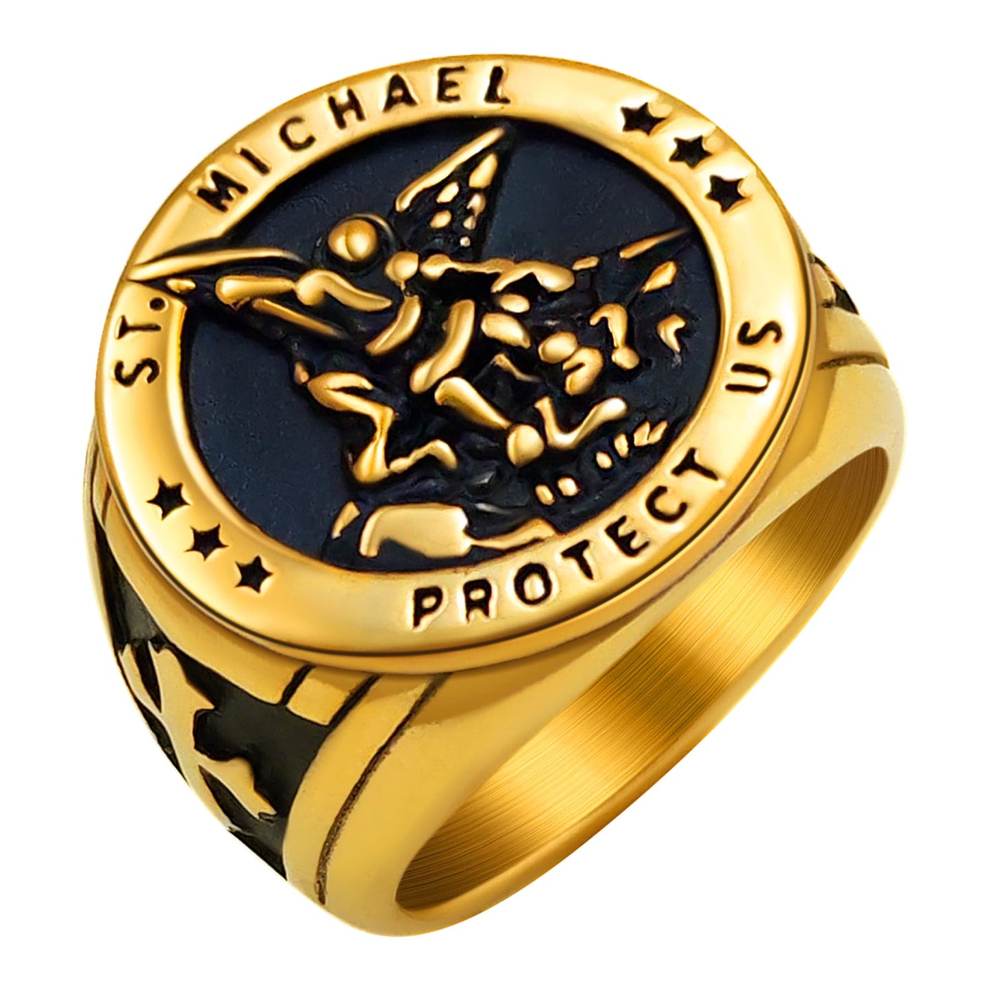Hoyazvet Saints Michael Ring for Men St. Michael Religious Medal Coin Gold Amulet Protection Mens Cross Ring Size 8