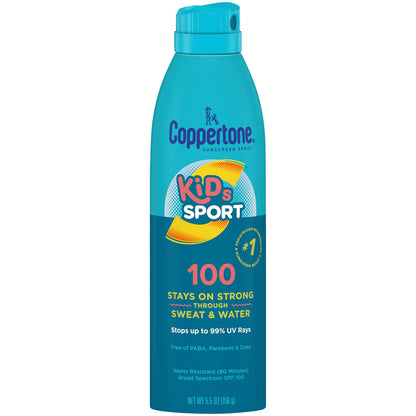 Coppertone SPORT Kids Sunscreen Spray SPF 100 Water Resistant Continuous Spray Sunscreen for Kids Broad Spectrum Sunscreen SPF 100 5.5 Oz Spray
