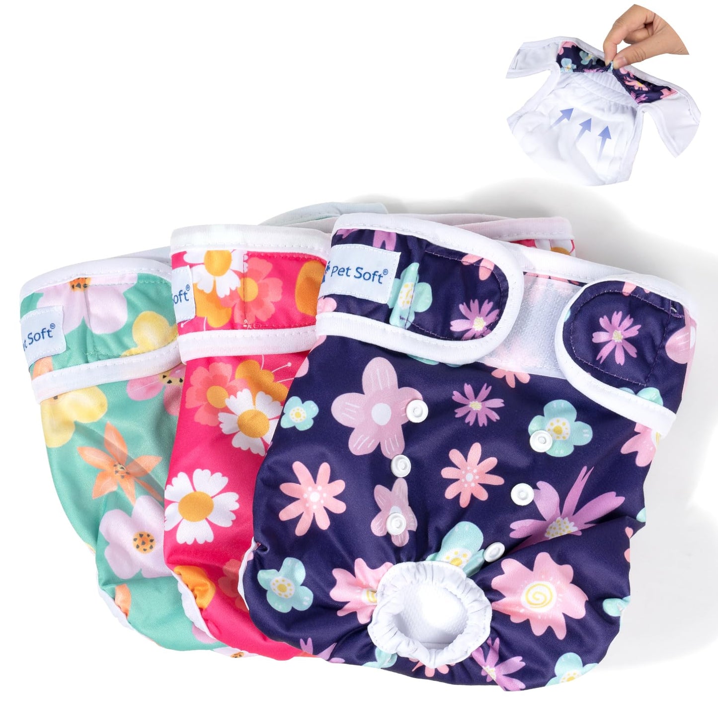 Pet Soft Dog Diapers Female Washable - Pack of 3 Doggie Diapers for Female Dogs Strong Absorbent Reusable Dog Period Diapers Female Dog Diapers for Heat & Pet Incontinence Peeing (Bloom XS)