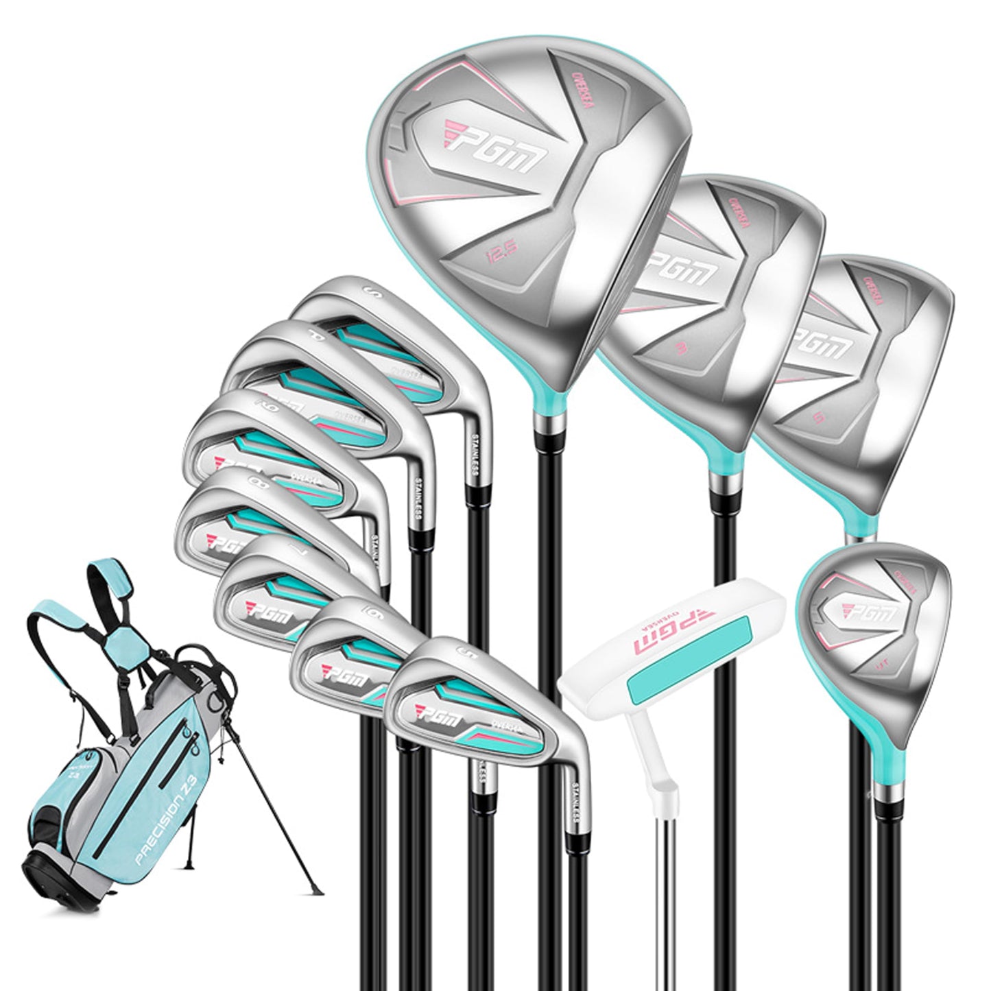 PGM Womens Golf Club Set with 12pcs Clubs - 4 Woods(#1354H) 7 Irons(#56789PWSW) and 1 Putter - Golf Stand Bag