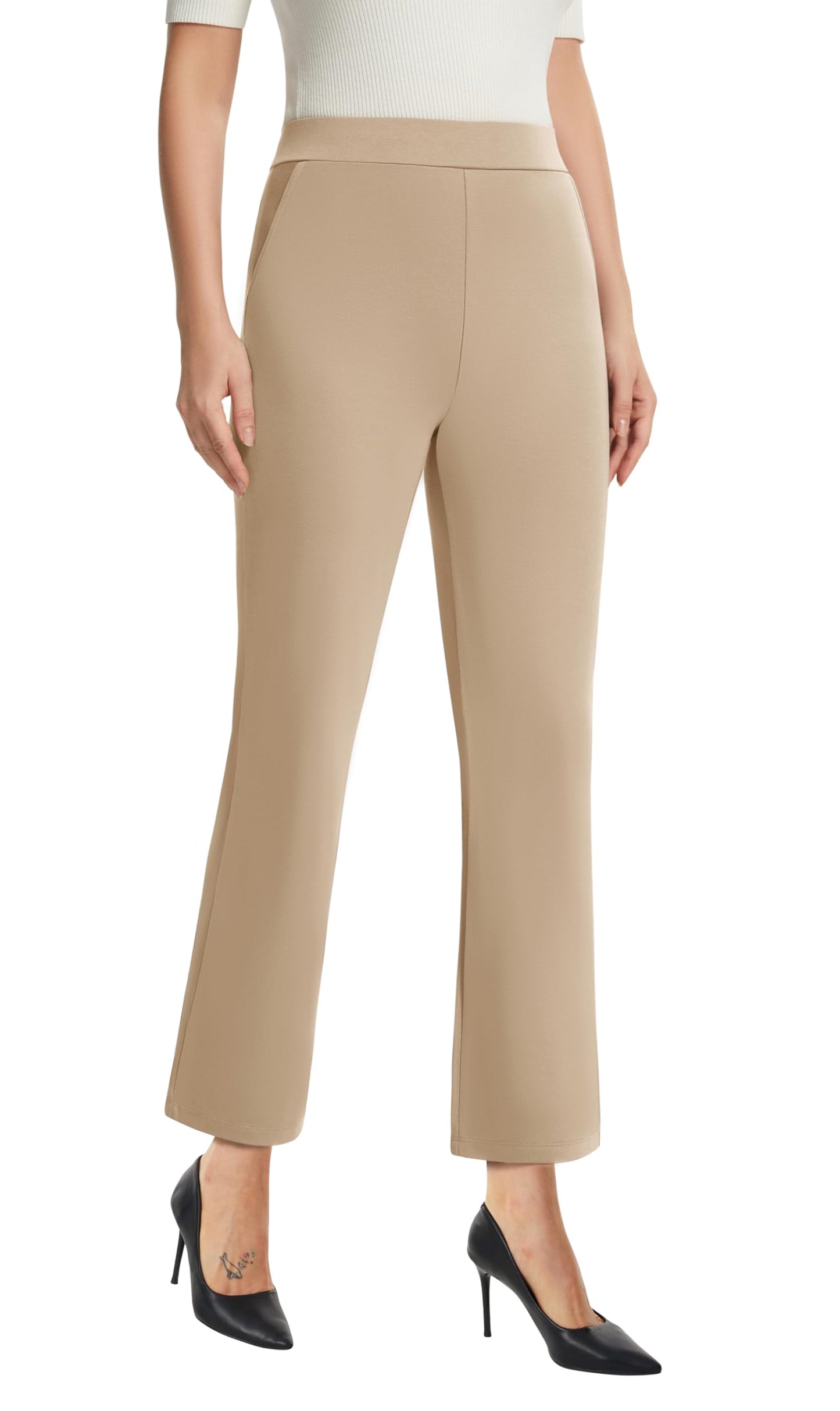 AFITNE Womens Yoga Dress Pants High Waisted Stretchy Work Pants Straight Leg Pull On Business Casual Crop Slacks with Pockets Comfy Formal Ankle Pants Light Khaki 29"XS