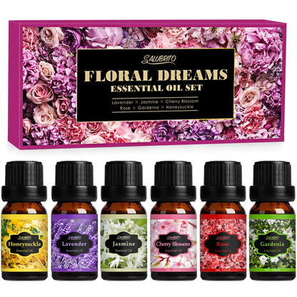 SALUBRITO Floral Fragrance Oils Set Essential Oils for Diffuser & Candle Making Scents 6x10ml Aromatherapy Oils Gift Set - Jasmine Lavender Rose Gardenia Cherry Blossom Honeysuckle Oil