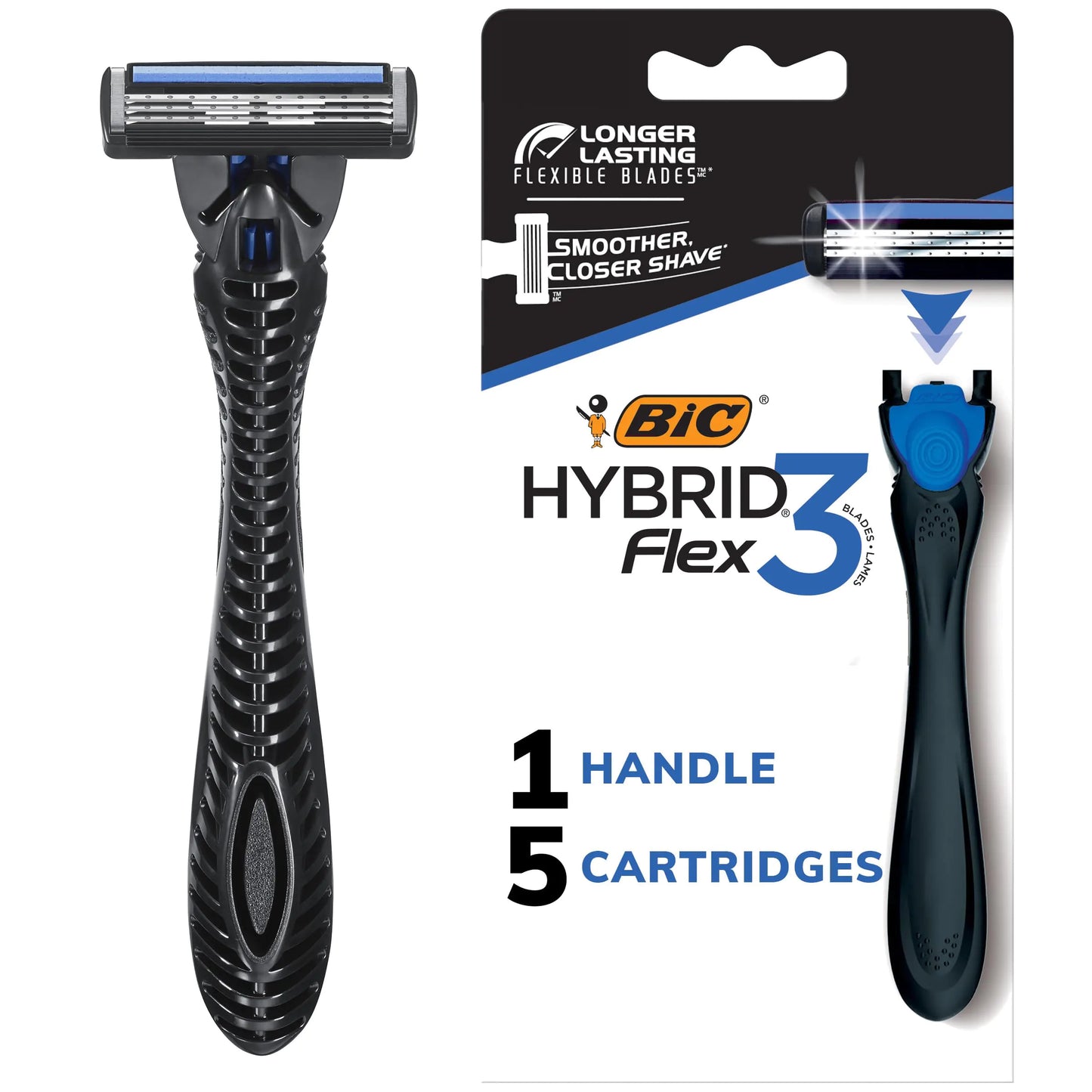 BIC Flex 3 Hybrid Disposable Razors for Men Long-lasting 3-Blade Razors With Slim Head for Precision Shaving 1 Handle and 5 Cartridges 6 Piece Shaving Kit