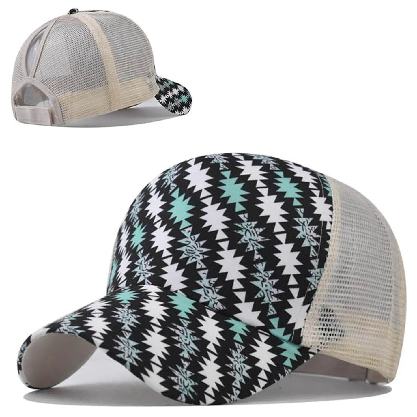 TONGSONG Print Top Hats for Women Baseball Caps with Mesh Back Trucker Hats Ponytail/High Messy Bun Ponycap Dad Hats (US Alpha One Size Diamond Print Green)