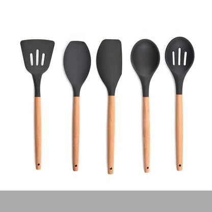 Silicone Kitchenware Set with Wooden Handles