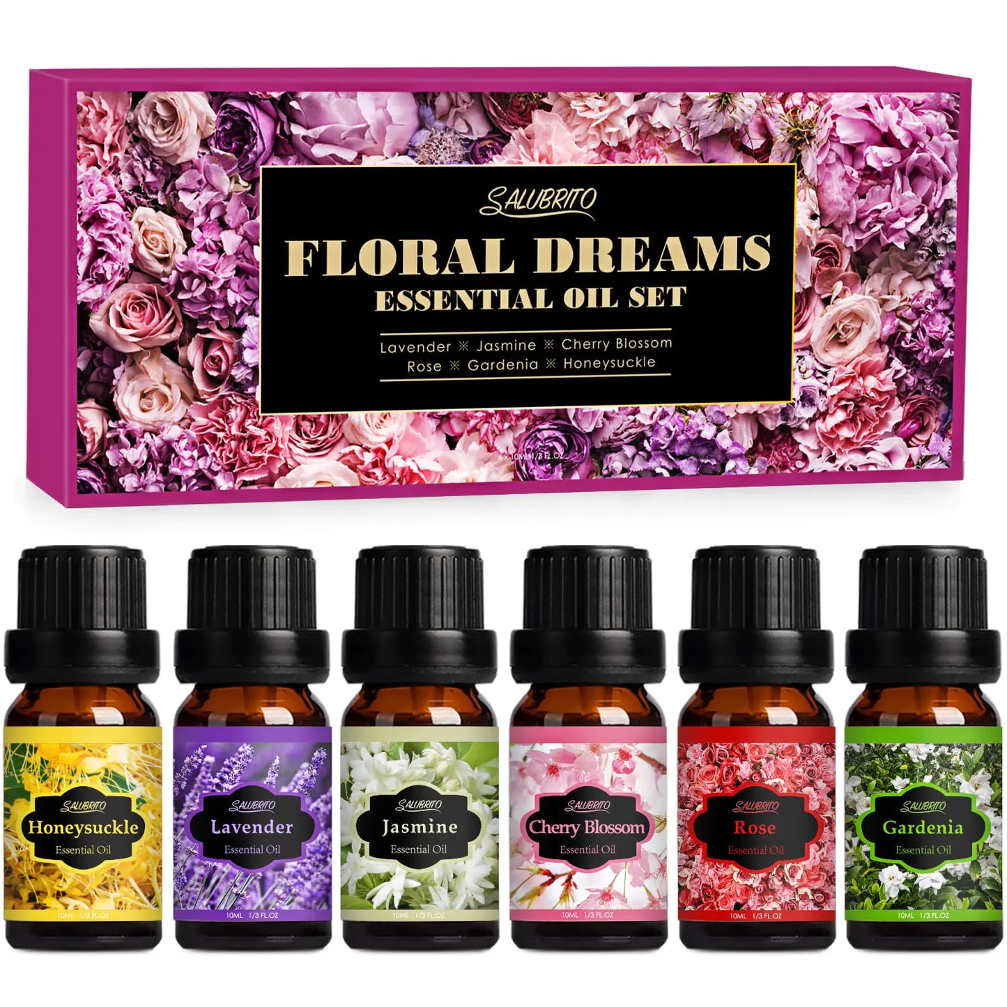 SALUBRITO Floral Fragrance Oils Set Essential Oils for Diffuser & Candle Making Scents 6x10ml Aromatherapy Oils Gift Set - Jasmine Lavender Rose Gardenia Cherry Blossom Honeysuckle Oil