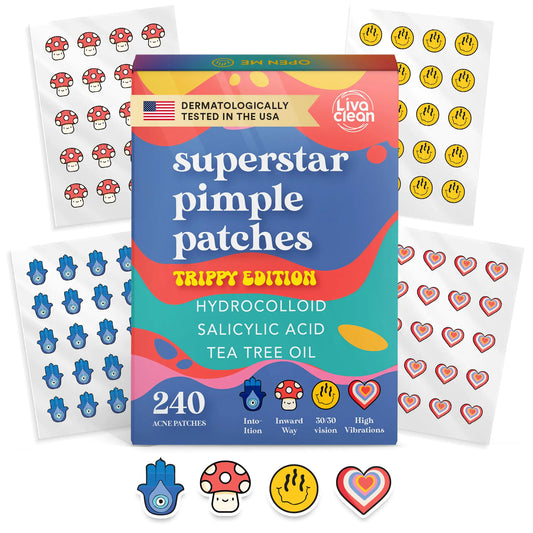LivaClean 240 CT Superstar Cute Pimple Patches Trippy Edition w/Salicylic Acid & Tea Tree Oil - Pimple Patches Cute Acne Patch for Face Hydrocolloid Acne Patch