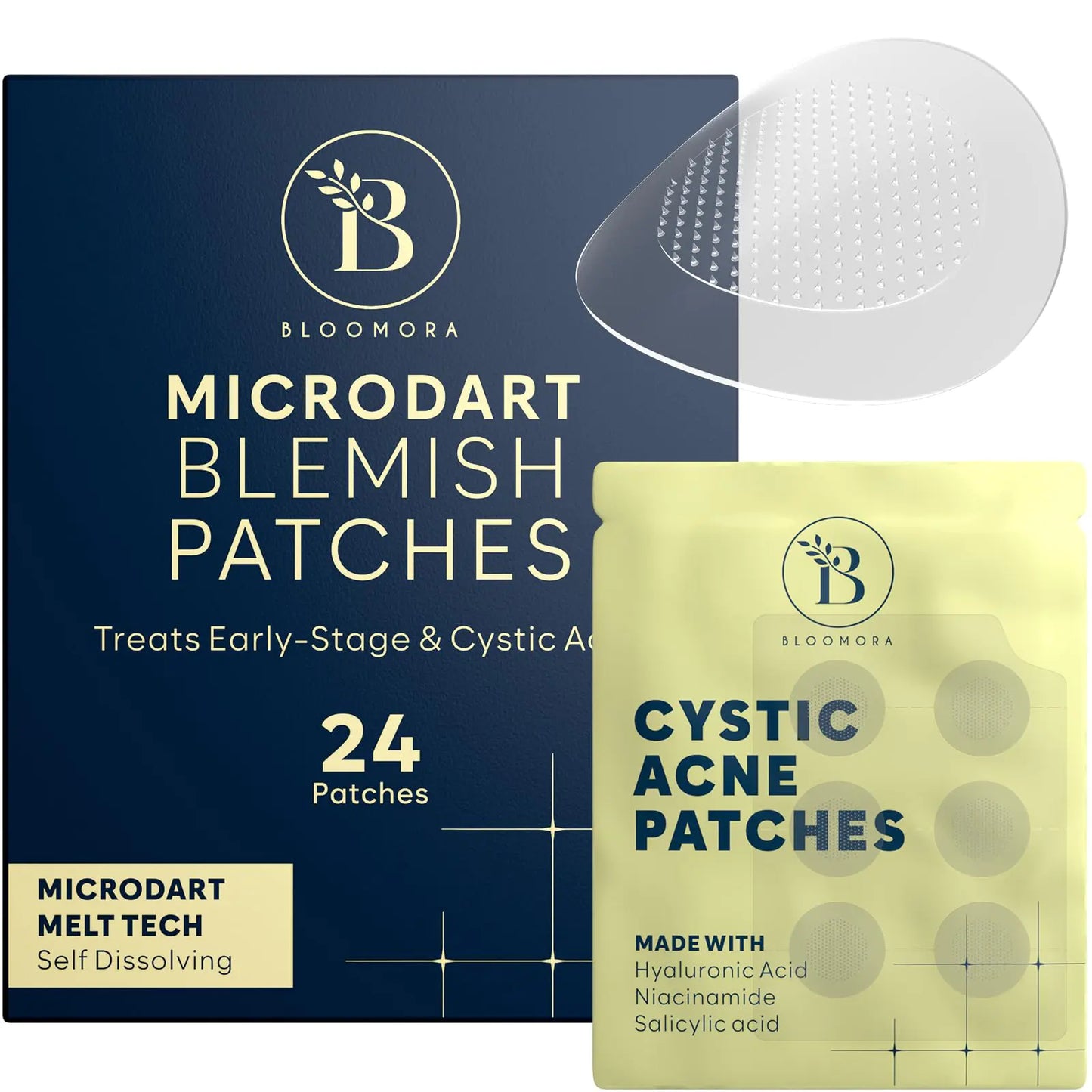 BLOOMORA Microdart Acne Patch Cystic Acne Treatment Zit Patches for Cystic Acne Overnight Treatment Pimple Patches Microdart Technology - Salicylic & Hyaluronic Acid (24 Count)