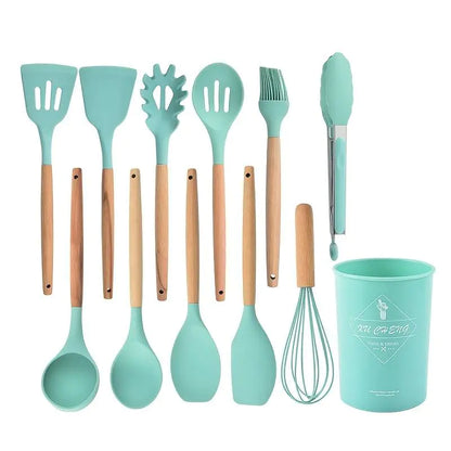 11pcs Wooden Handle Silicone Kitchenware Set