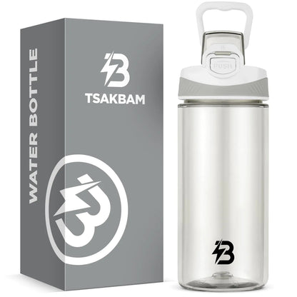 TSAKBAM Clear Water Bottle 16 oz Leak-Proof Plastic Water Bottles with Flip Top Lid and Handle for Sports (White)