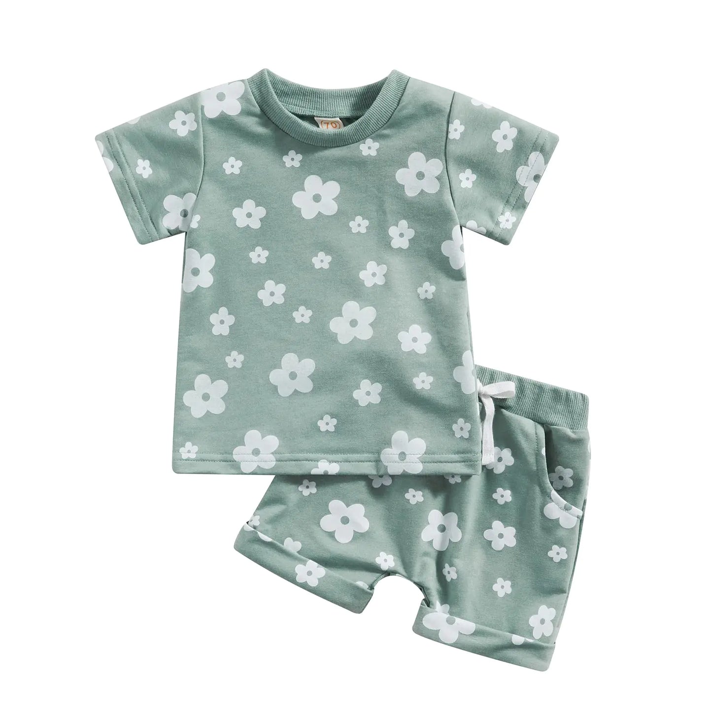 Newborn Baby Girls Summer Shorts Clothes Sets Toddler Infant Floral Print Short Sleeve T-shirts+Drawstring Outfit (Green 6-12 Months)