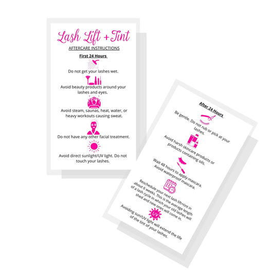 Lash Lift + Tint Aftercare Instruction Cards | 50 Pack | 2 x 3.5” inches Business Card Size | Eyelash Lift and Tint Kit at Home DIY aftercare Supplies | White with Pink Icon Design