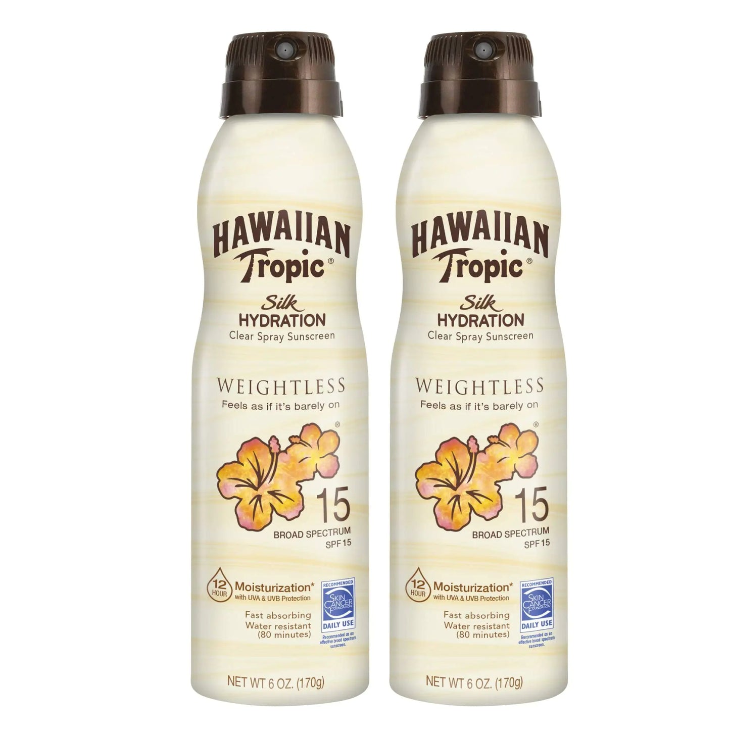 Hawaiian Tropic Weightless Hydration Clear Spray Sunscreen SPF 15 6oz Twin Pack | Hawaiian Tropic Sunscreen SPF 15 Sunblock Oxybenzone Free Sunscreen Spray On Sunscreen Pack 6oz each