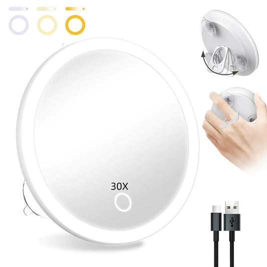 Lighted Magnifying Mirror 30X Makeup Magnifying Mirror with Suction Cups Ring Handheld Magnifying Mirror with 3 Color Lights Dimmable 5 Travel Magnified Mirror 30X Magnification Mirror with Light