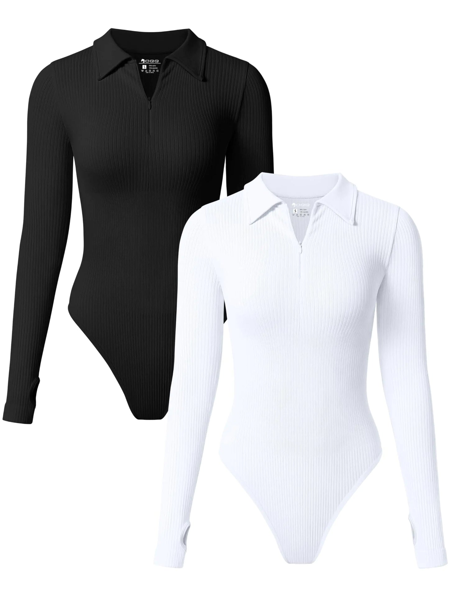 OQQ Womens 2 Piece Bodysuits Long Sleeve Zipper Polo Shirts Casual Stretch Fitted Bodysuits Black White