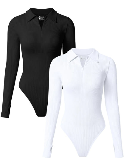 OQQ Womens 2 Piece Bodysuits Long Sleeve Zipper Polo Shirts Casual Stretch Fitted Bodysuits Black White