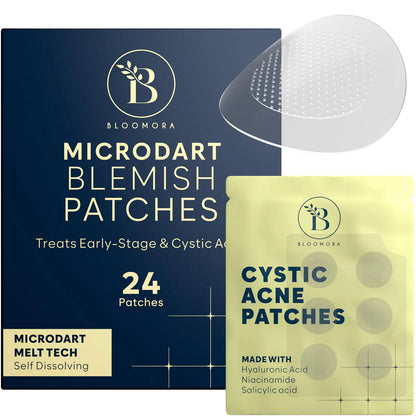 BLOOMORA Microdart Acne Patch Cystic Acne Treatment Zit Patches for Cystic Acne Overnight Treatment Pimple Patches Microdart Technology - Salicylic & Hyaluronic Acid (24 Count)
